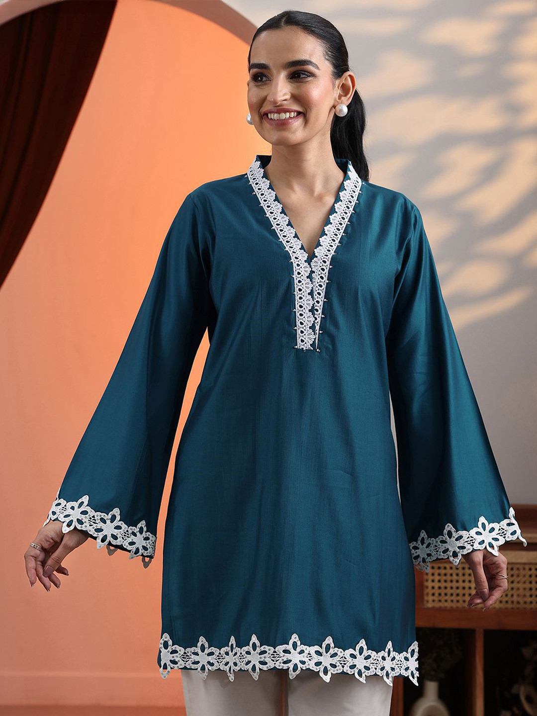 Libas Women Blue Solid Straight Short Kurti