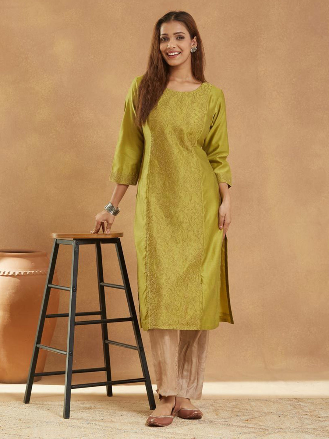 Fabindia Women Embroidered Flared Sleeves Calf Length Regular A-Line Kurta
