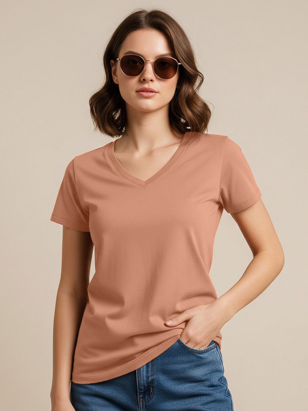 JUNEBERRY Women Solid Cork V-Neck Pure Cotton Regular Fit T-shirt