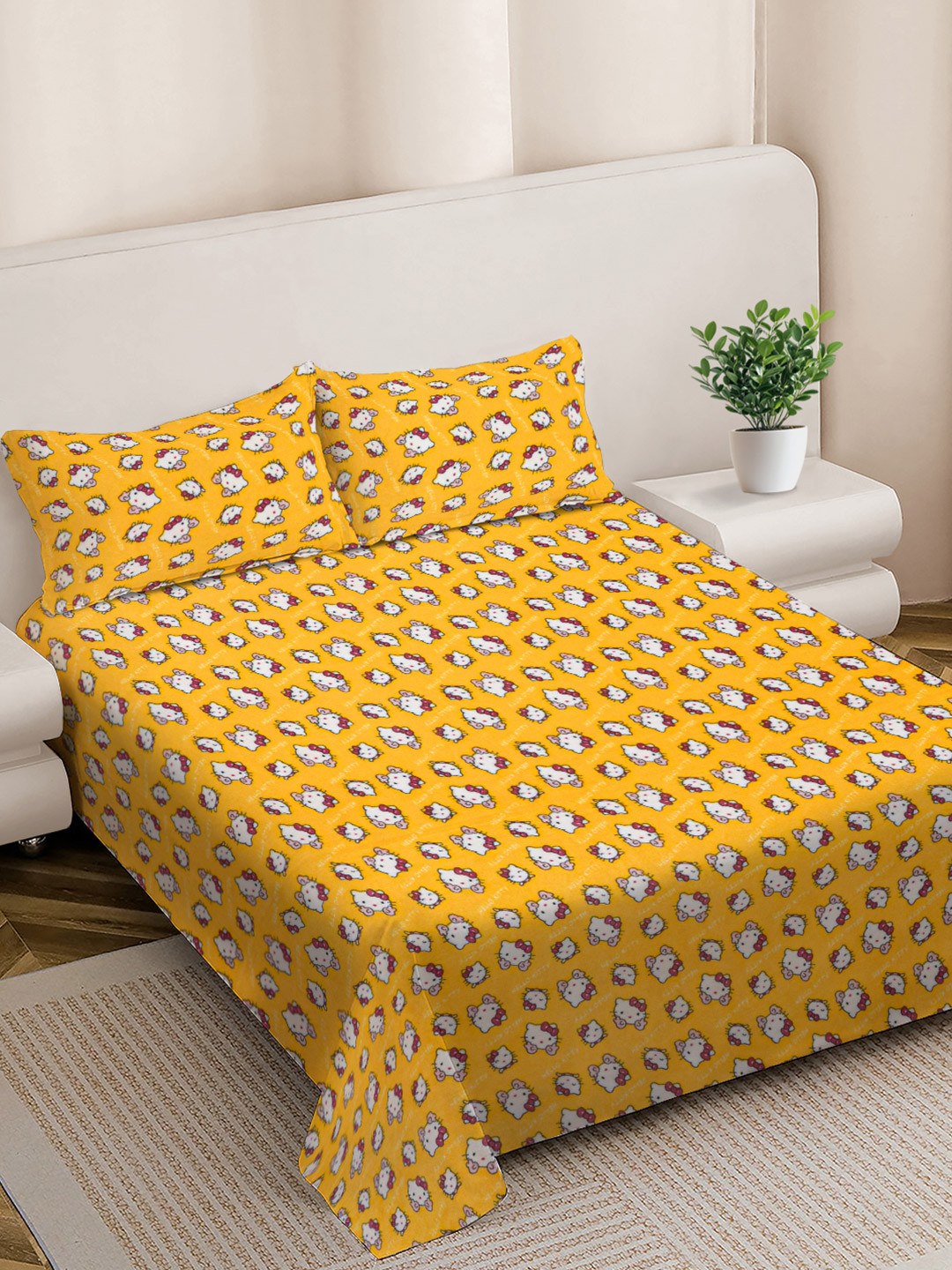 FABINALIV Yellow Cartoon Characters Wool Skin-Friendly 300 TC King Fine Bedsheet with 2 Pillow Covers-98 x 89 inches