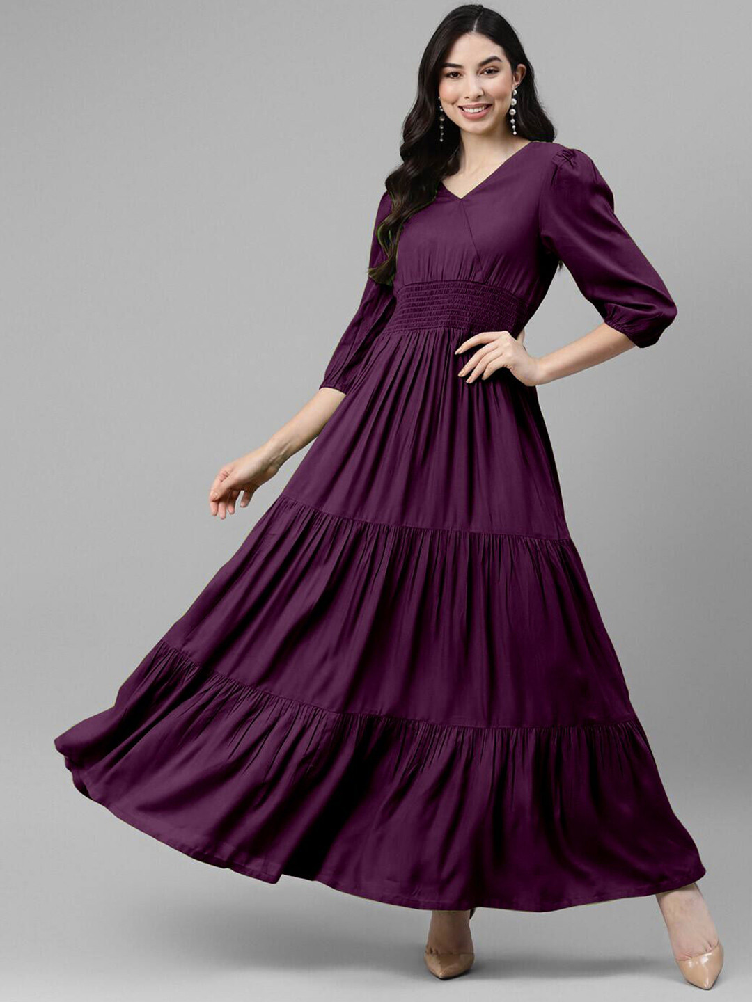 Krunal Raiyani Women V-Neck Smoked Tiered Fit & Flare Maxi Dress