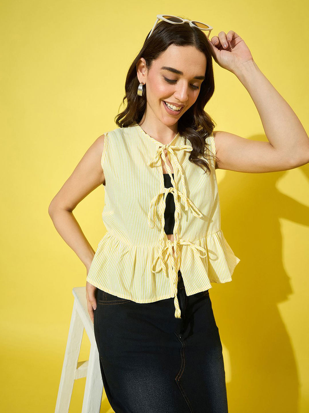 QIOA Striped Cotton Peplum Crop Top