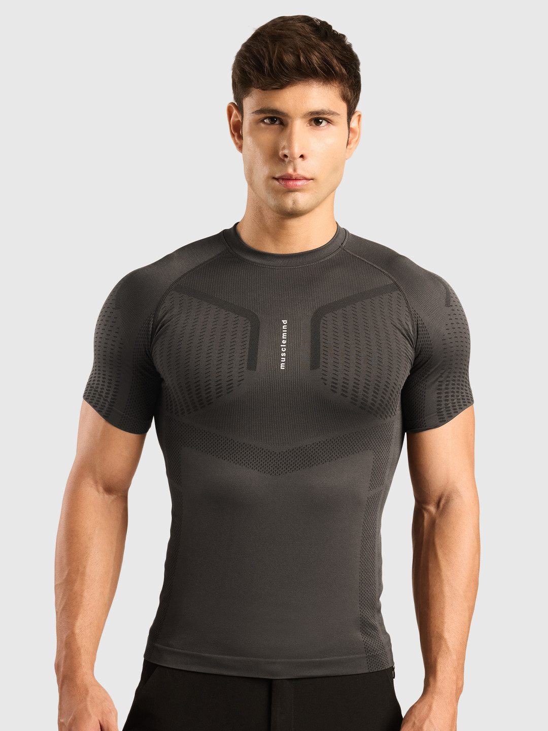 Musclemind Men Abstract Printed Round Neck Seamless Compression T-shirt