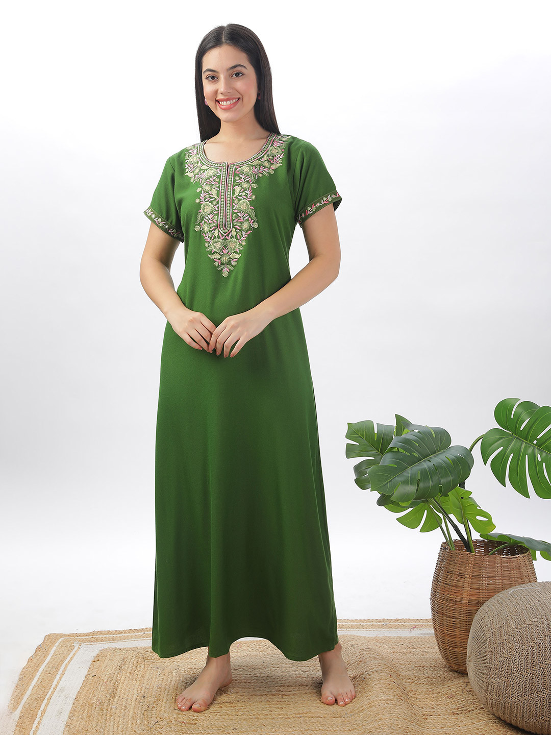 9shines Label Women Green Embroidered Maxi Nightdress 2891GR-L-Bottle Green