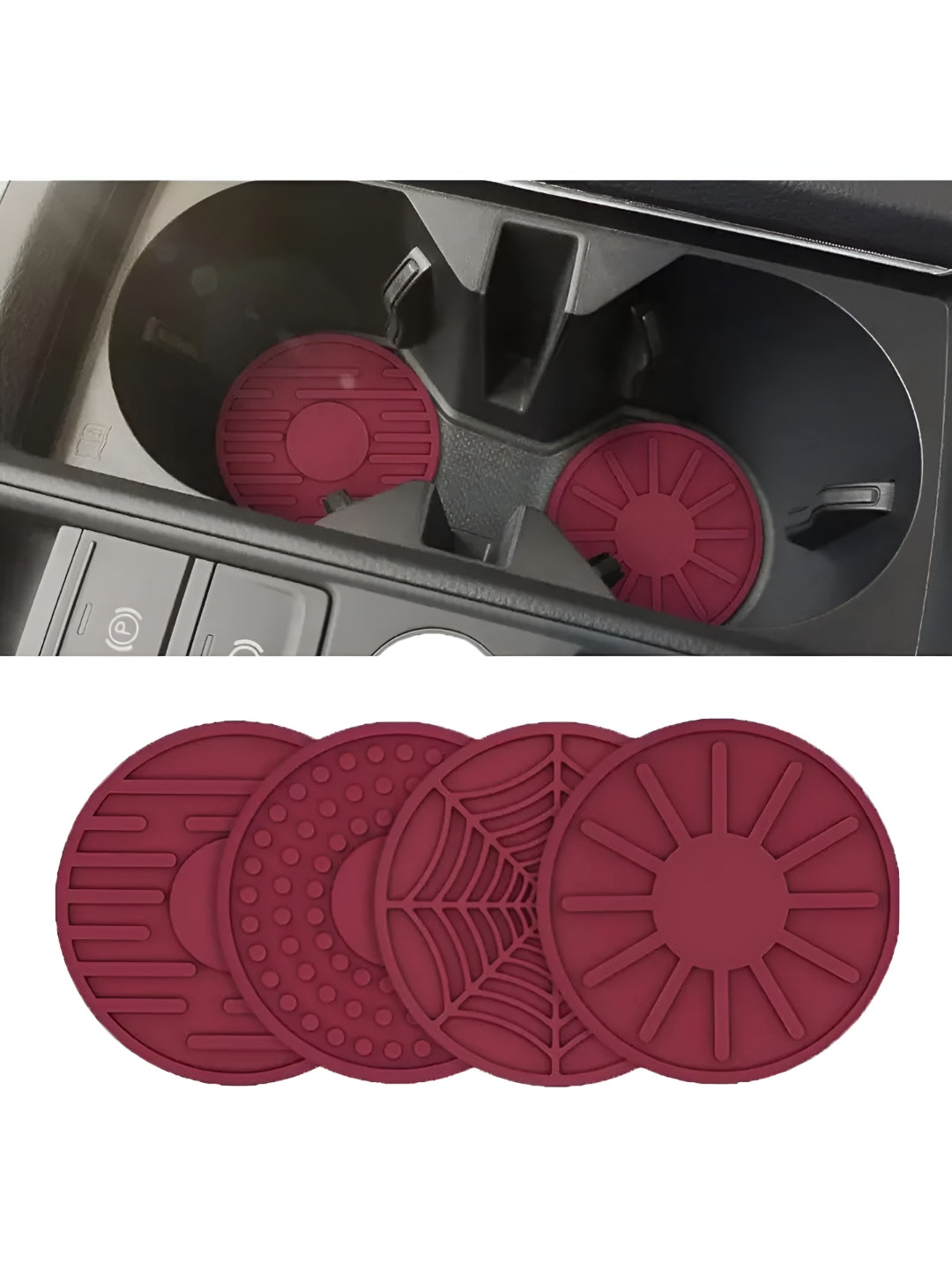 We3 4 Pieces Maroon Assorted Pattern Round Car Coasters