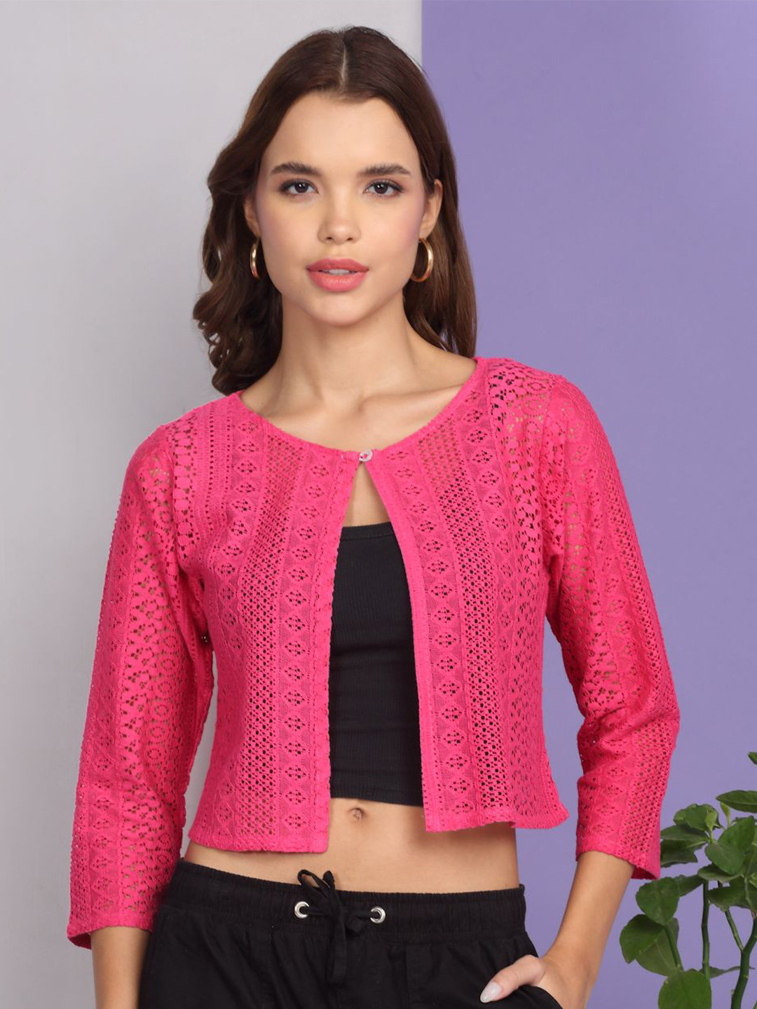 Dressitude Self Design Mandarin Collar Open Front Cotton Crop Shrug