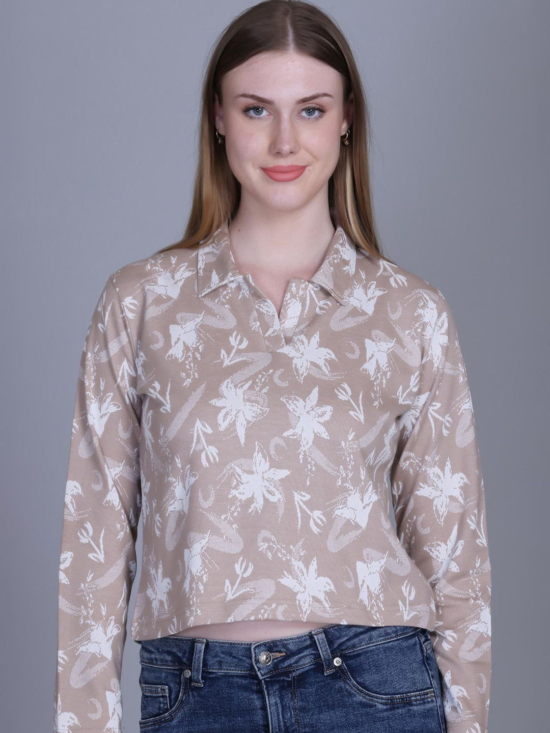 SANE ORIGINALS Women Abstract Printed Cotton Long Sleeves Shirt Style Crop Top