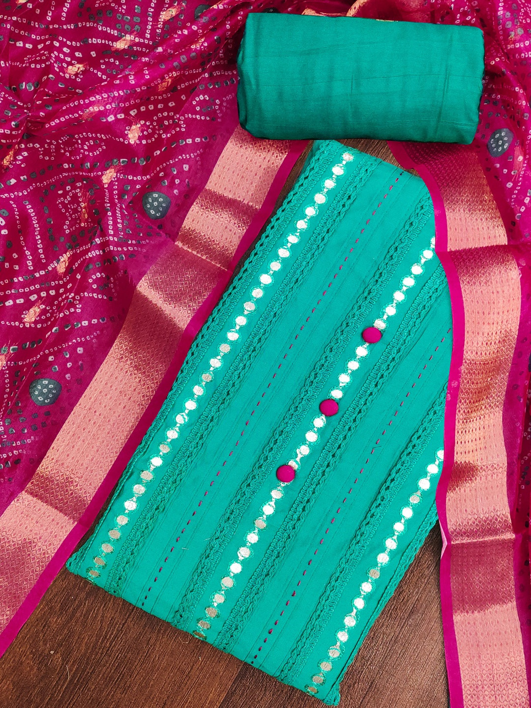 KALINI Women Rama Green & Pink Embellished Unstitched Dress Material