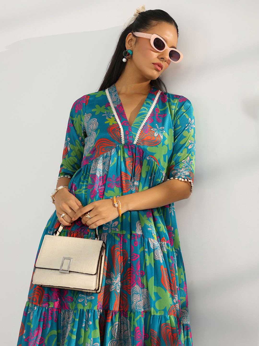 Libas Floral Print V-Neck Tiered Silk Fit & Flare Maxi Dress