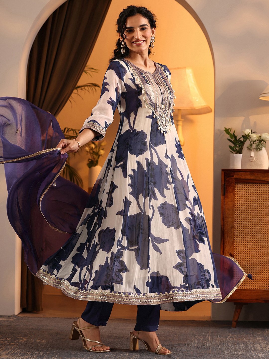 Libas Art Womens Off white Printed Georgette Anarkali Kurta With Trousers & Dupatta