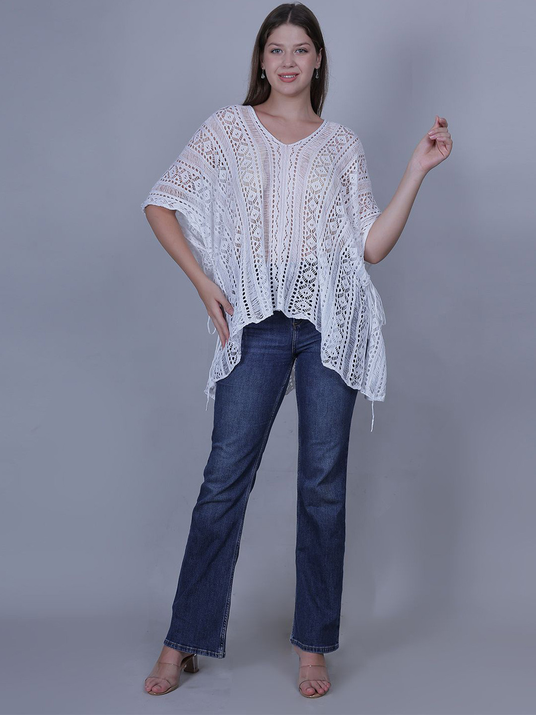 Fabme Women Kimono Sleeve Crochet Kaftan Top