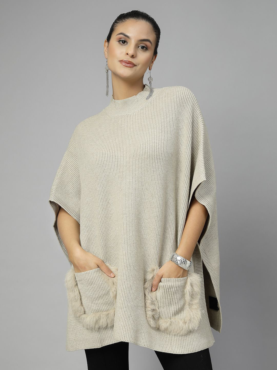 Mafadeny Women's High-Neck with Faux Fur-Trimmed Pockets Poncho