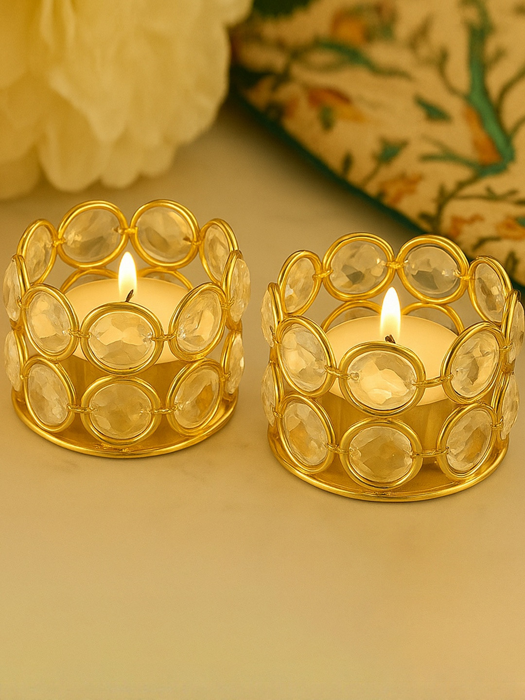 Decorcity  Set of 2 Gold-Toned Crystal Candle Holder