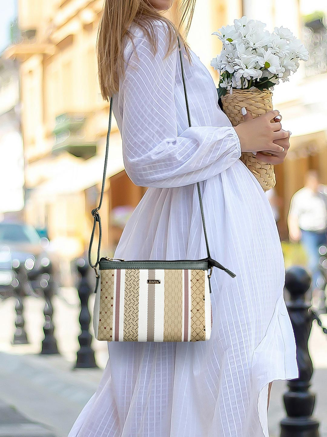 Exotic White Striped Structured Sling Bag