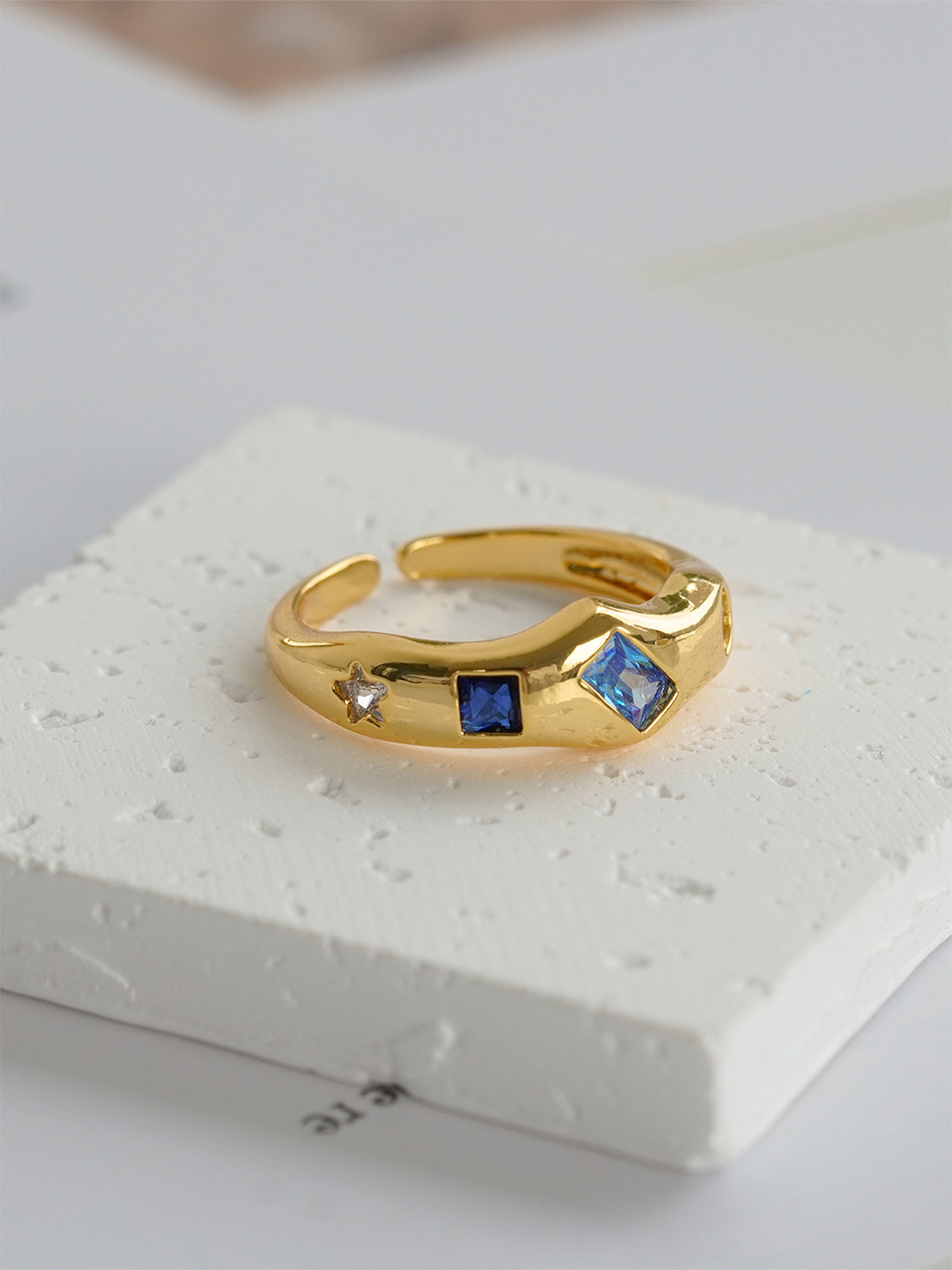 AQUASTREET 18K Gold Plated Waterproof Antitarnish Multi Shaped Blue Zircon Ring