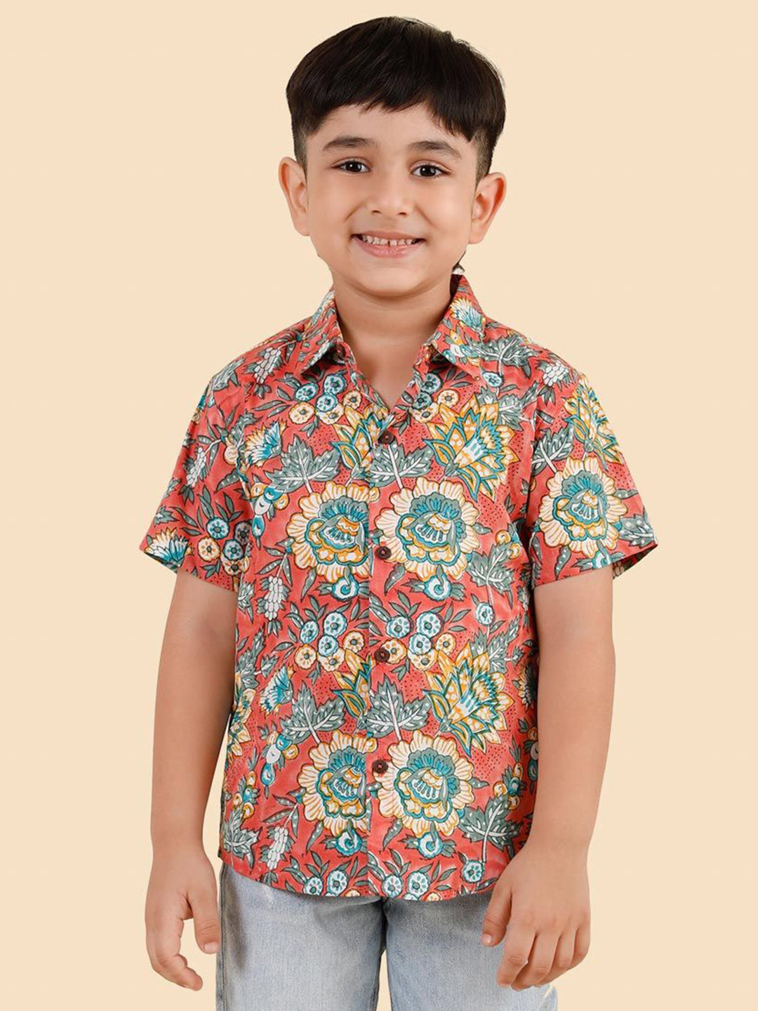 Fabindia Boys Hand Block Printed Spread Collar Cotton Casual Shirt