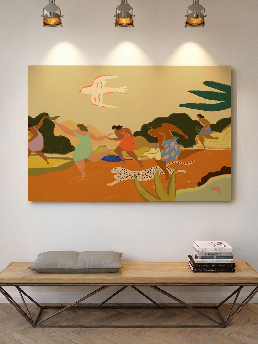 ASIAN MONK Multicoloured Single Piece Wood Run Theme Wall Paintings