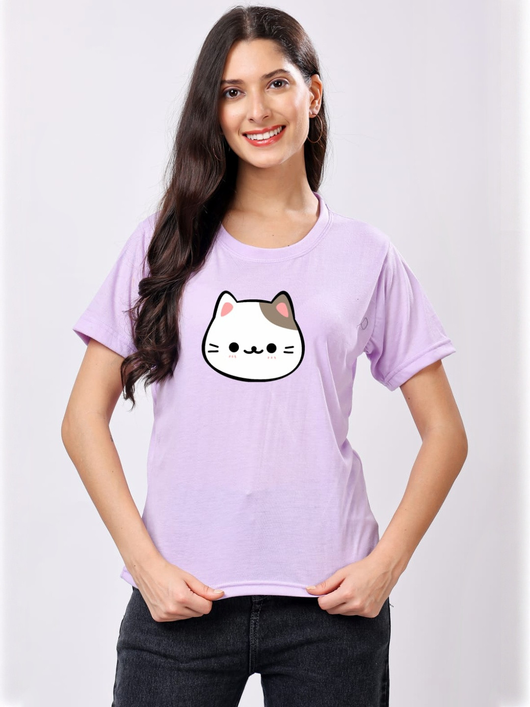 Moda Rapido Women Cute Cat Face Printed Round Neck T-shirt