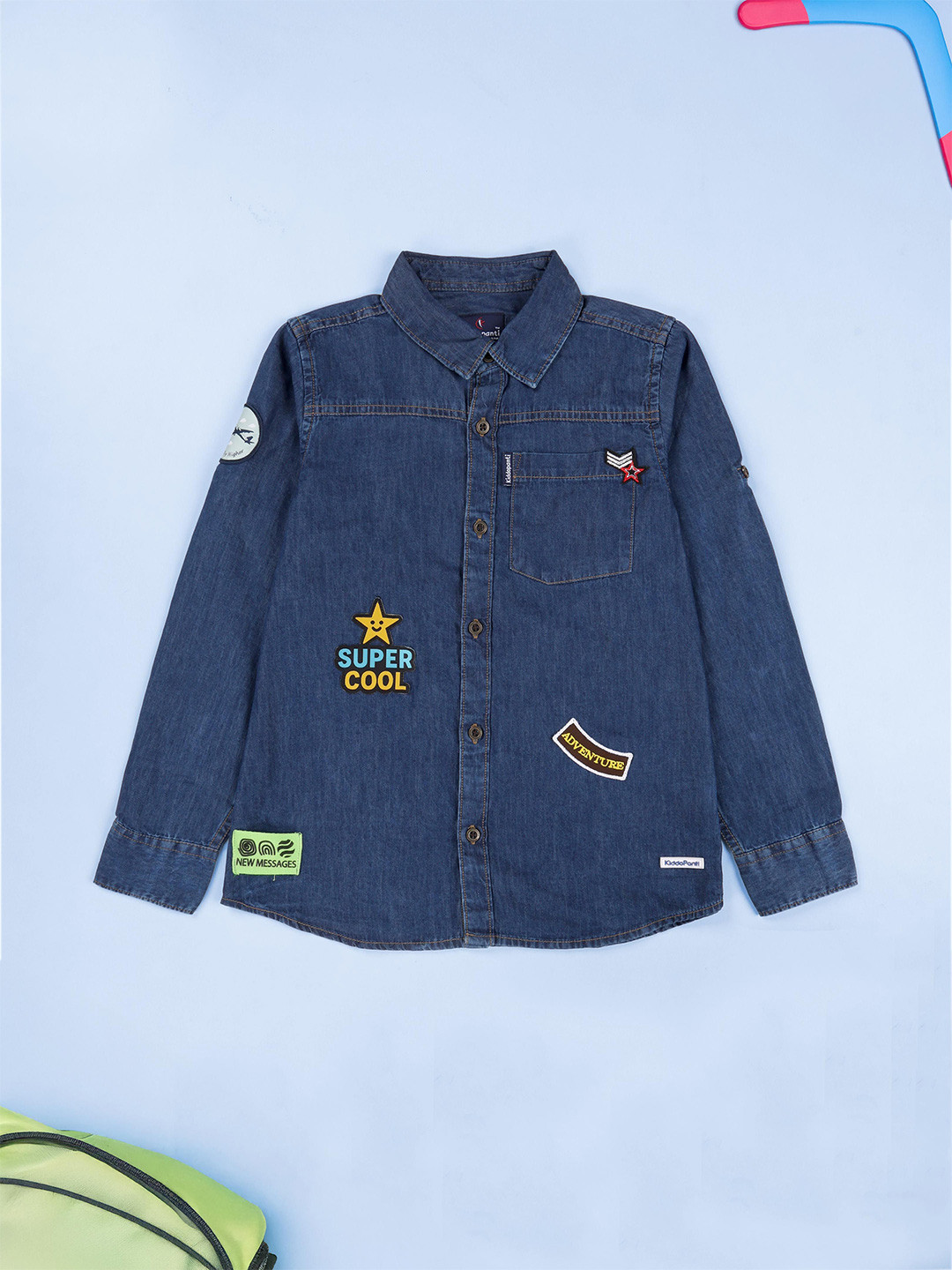 KiddoPanti Boys Solid Pure Cotton Casual Denim Shirt With Pocket and Multi Badge