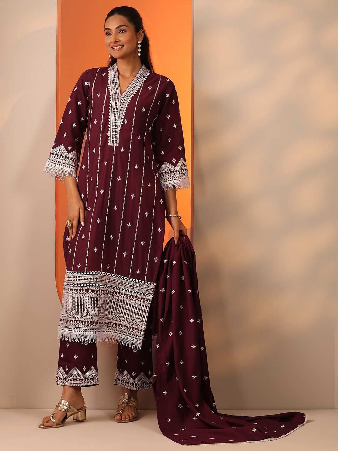 Libas Floral Embroidered V-Neck Thread Work Straight Kurta With Trouse