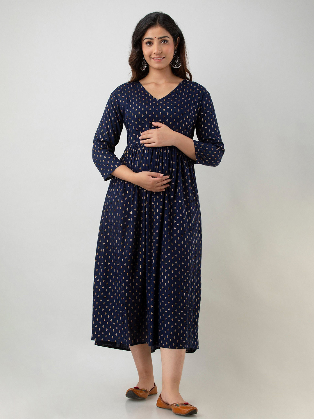 Step Queen Floral Printed V-Neck Fit & Flare Maternity Ethnic Dress