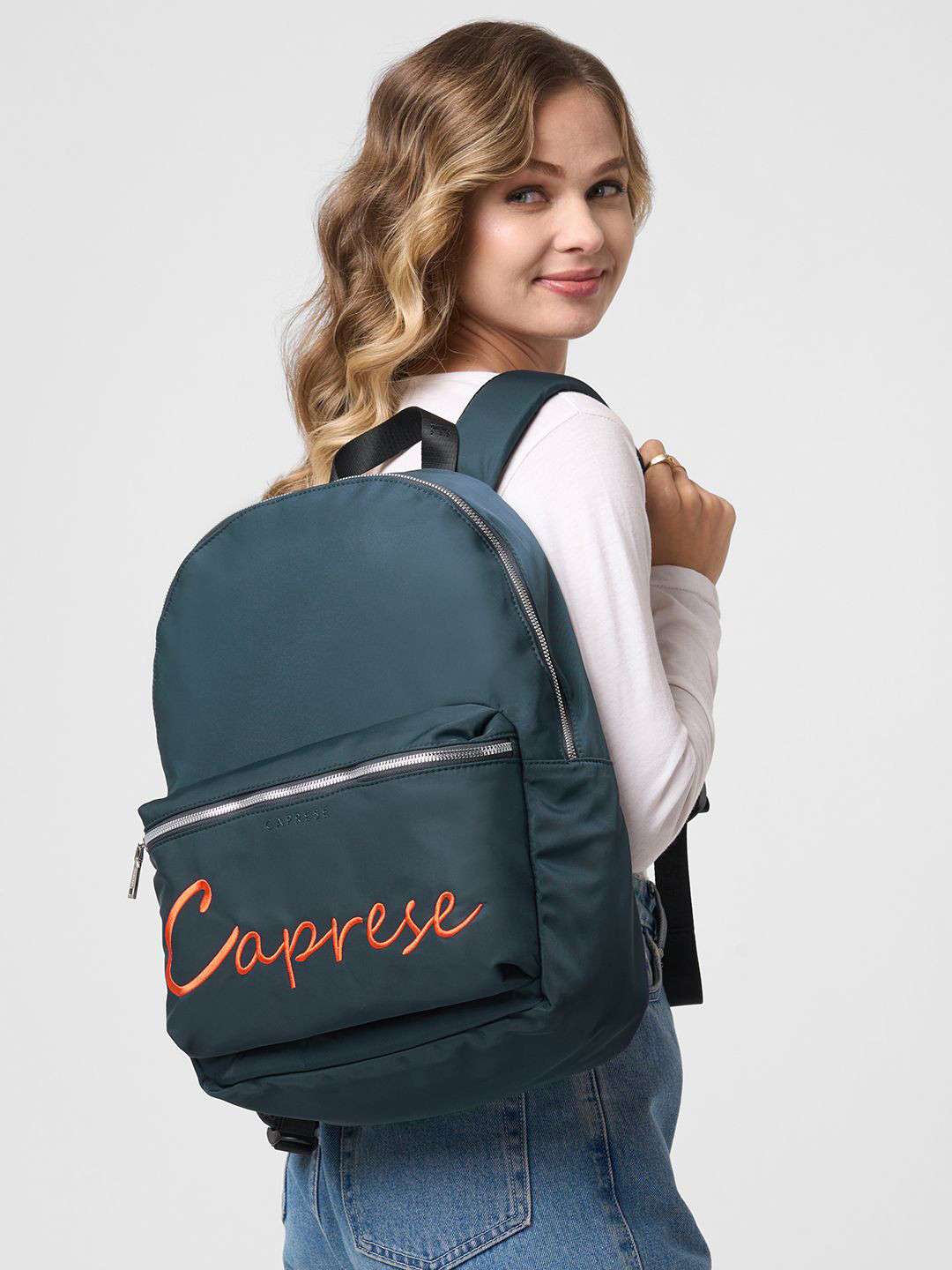 Caprese Women Brand Logo Backpack with Trolley Sleeve