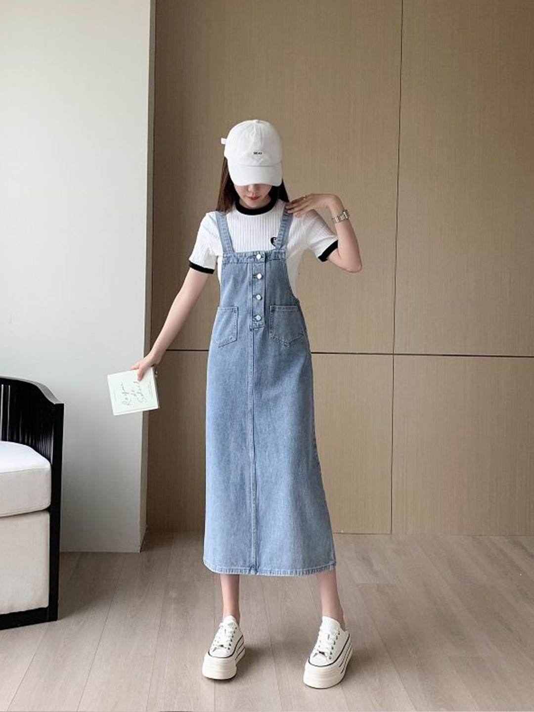 StyleCast Women Utility Pockets Shoulder Straps Cotton Pinafore Maxi Dress