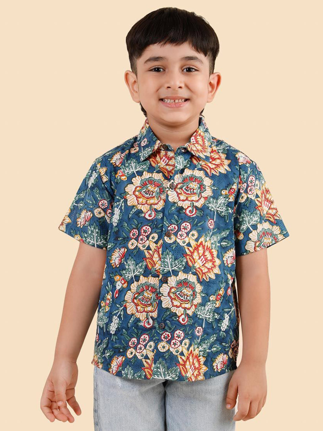 Fabindia Boys Hand Block Printed Spread Collar Cotton Casual Shirt