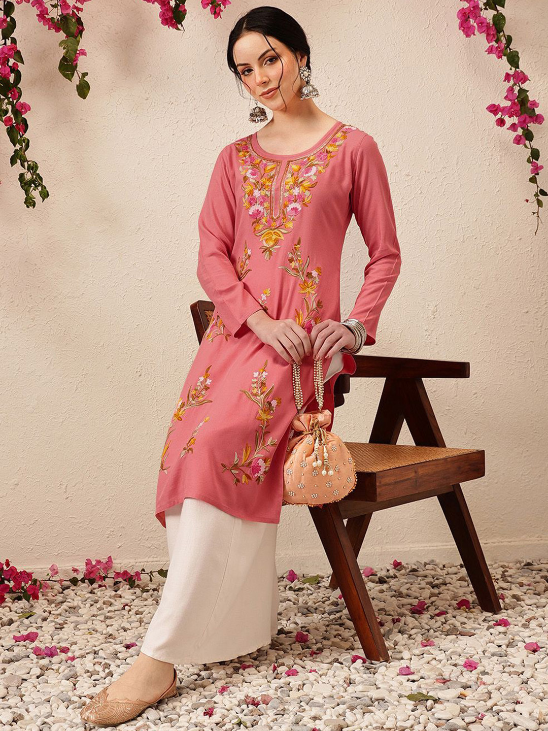 QAZMI Women's Sahar Kashmiri Aari Work Straight Kurta