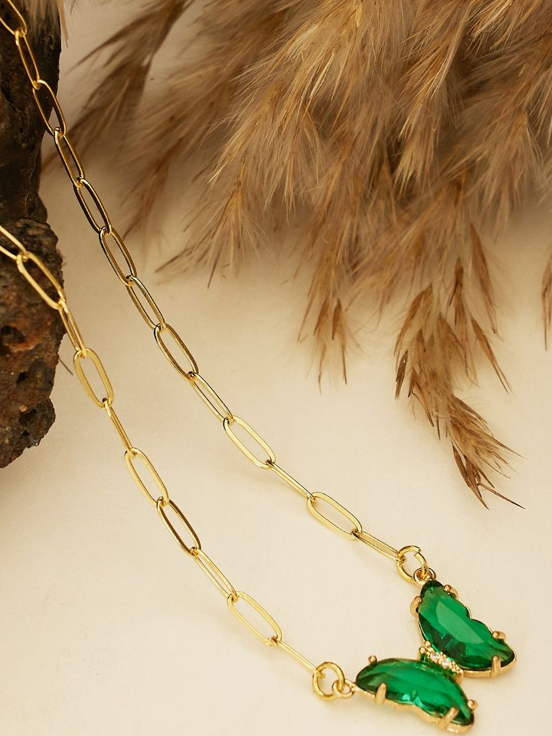 Beenth & Doneth Gold-Plated Stainless Steel Faux Emerald Necklace