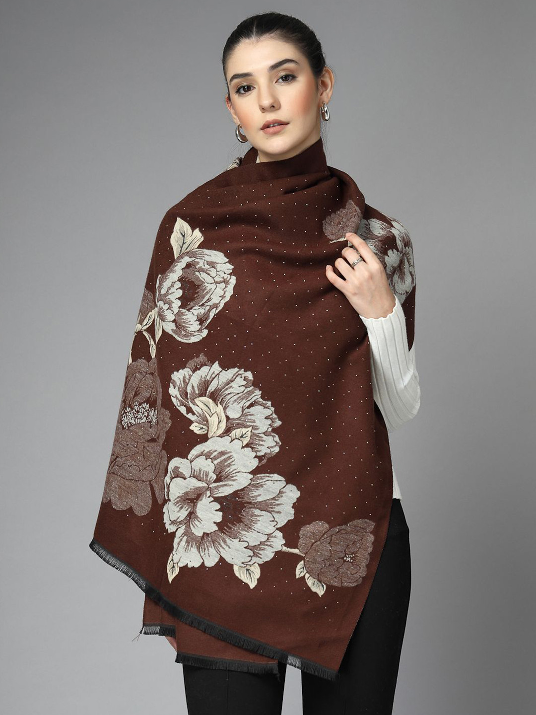 Mafadeny Women's Wool Flower Print and Beads Stole