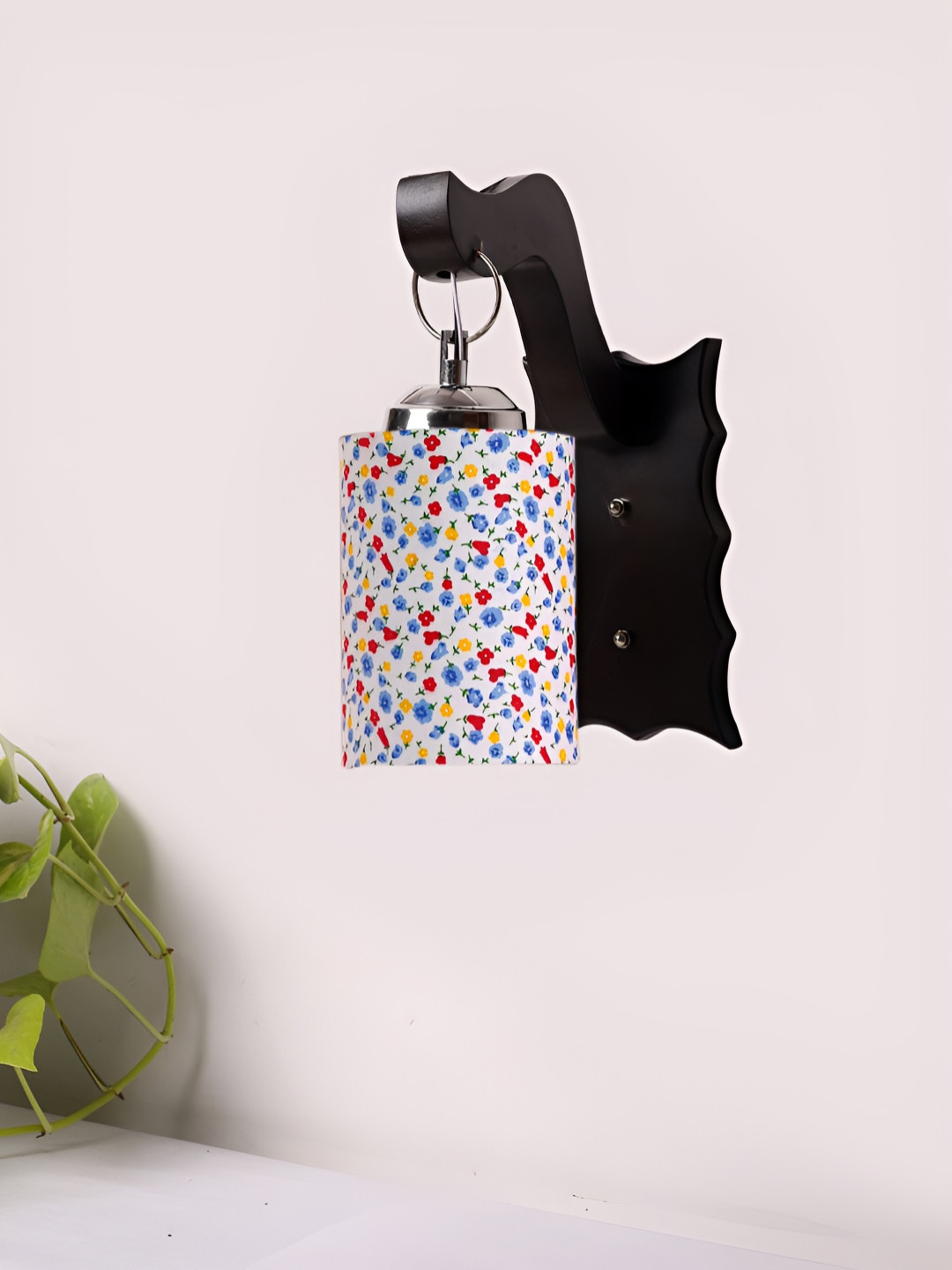 Devansh Brown & White Floral Printed Wooden Cylinder Shaped Wall Lamp With Cotton shade
