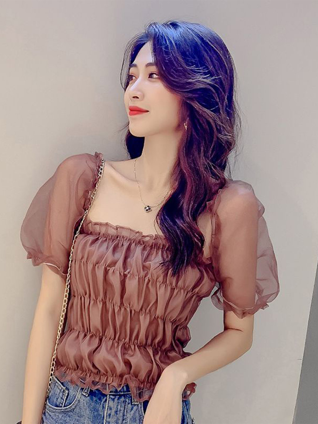 MONRSH Women Self Design Ruffles Square Neck Puff Sleeve Blouson Regular Top