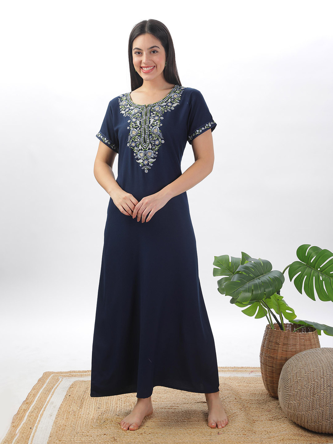 9shines Label Navy Blue Embroidered Maxi Nightdress