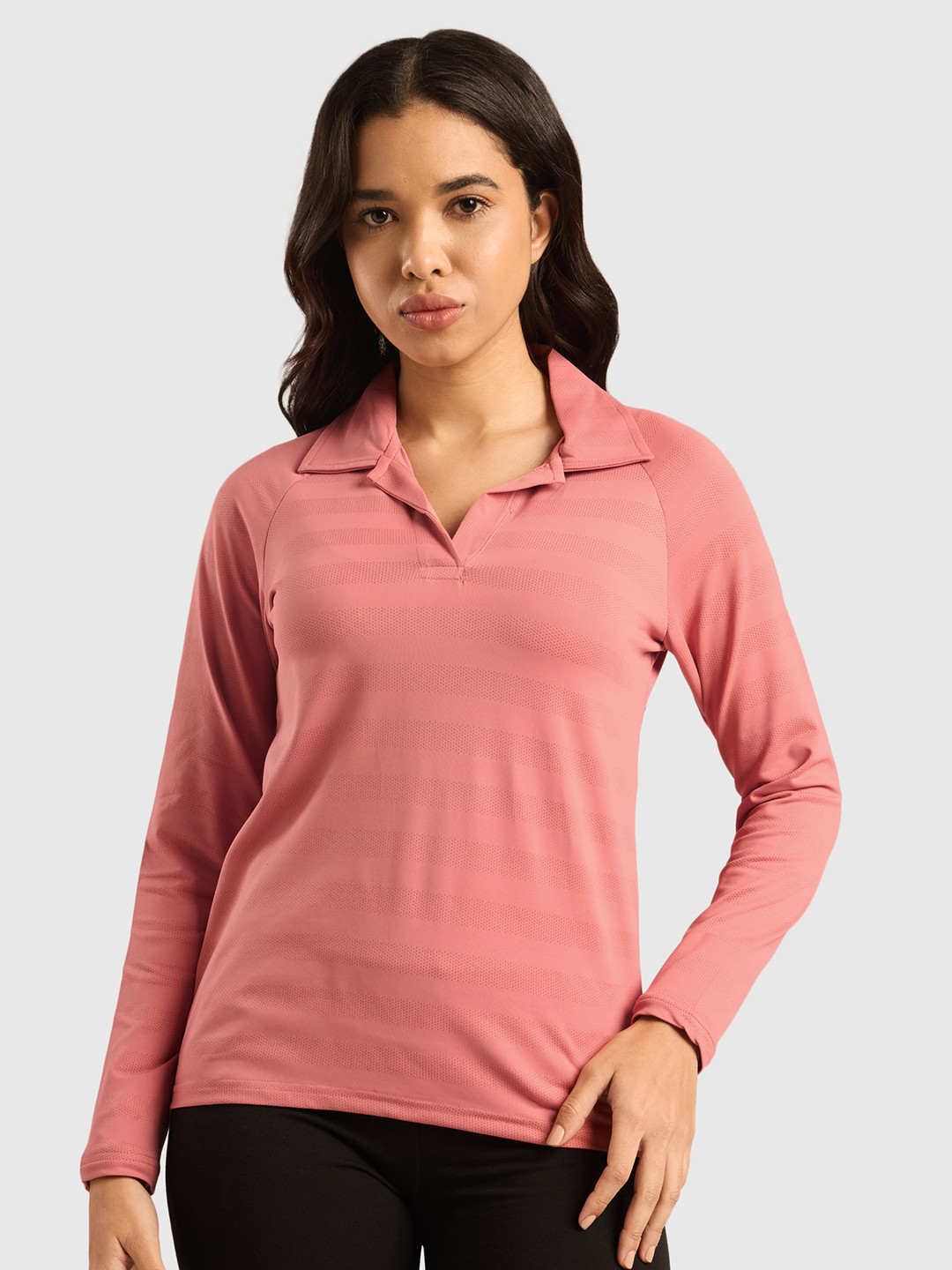 Musclemind Vogue Women Self Design Full Sleeves Polo Collar T-shirt