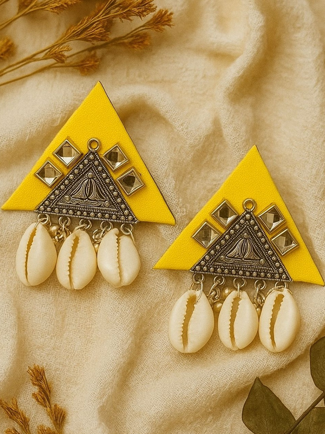 KALAVAATHI Handmade Fabric Kundan And Oxidised Triangular Drop Earrings