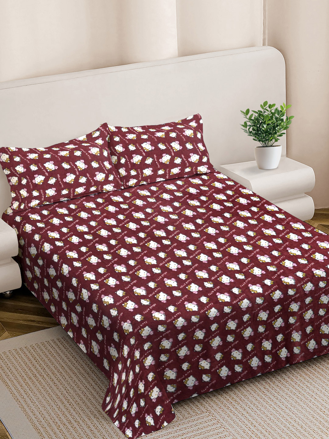 FABINALIV Cartoon Woollen Maroon Cartoon Characters Wool 300 TC King Fine Bedsheet with 2 Pillow Covers-98 x 89 inches