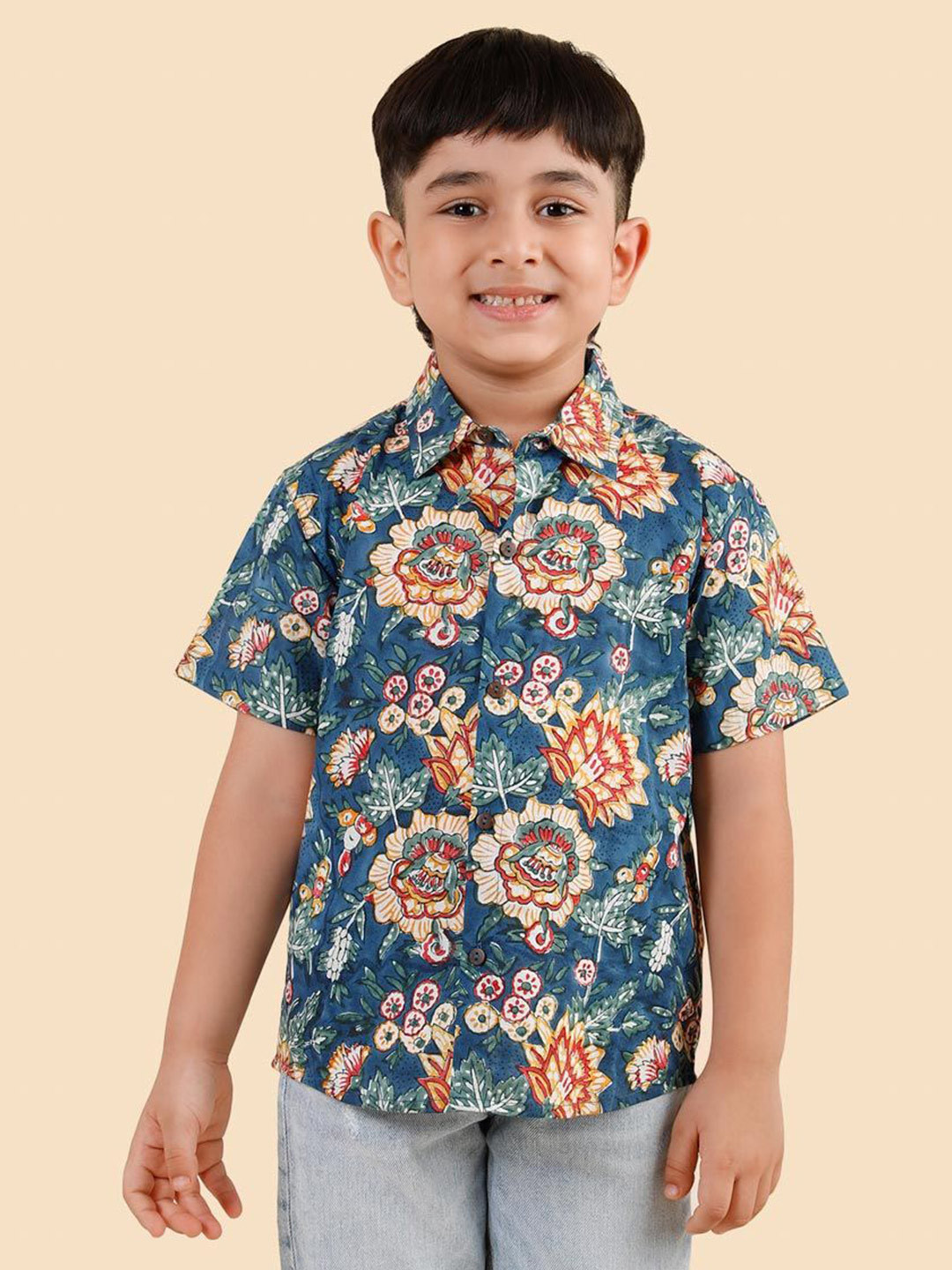 Fabindia Boys Hand Block Printed Spread Collar Cotton Casual Shirt