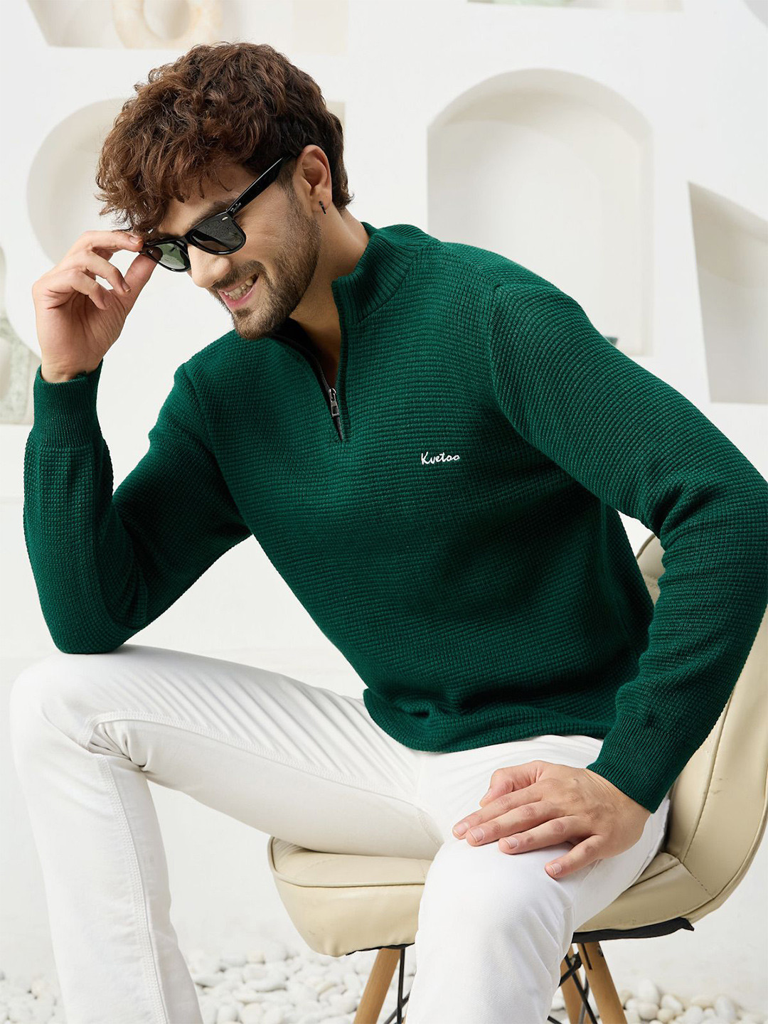 Kveto style redefined Men Ribbed Long Sleeve Half Zipper Sweater Vest