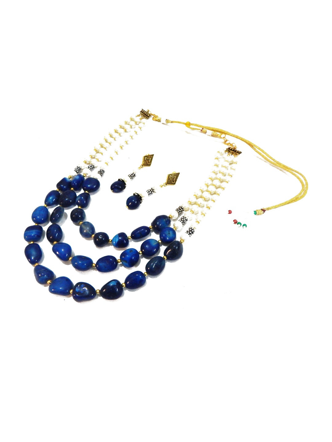 Jaya Vision Jewelry Women Blue Agate Tumble & Synthetic Pearl Beaded Necklace with Earrings