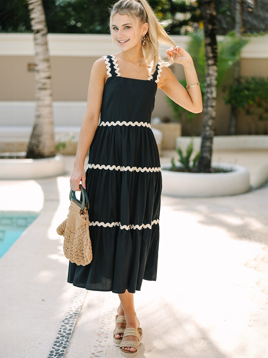 PTVIZE Women Shoulder Straps Tiered Crepe A-Line Midi Dress