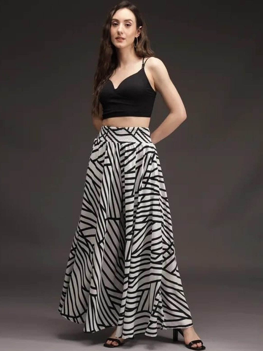 Pink Formal Women White & Black Geometric Zebra Print Crepe Palazzos