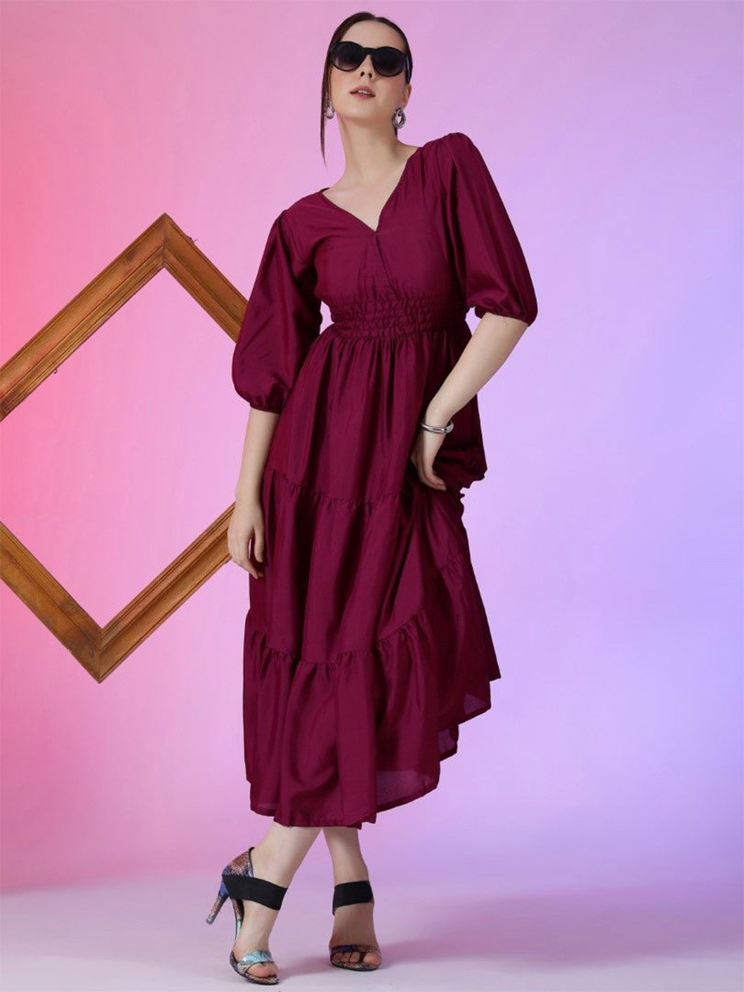 Krunal Raiyani Women V-Neck Self Design Smocked Cotton Fit & Flare Tiered Maxi Dress