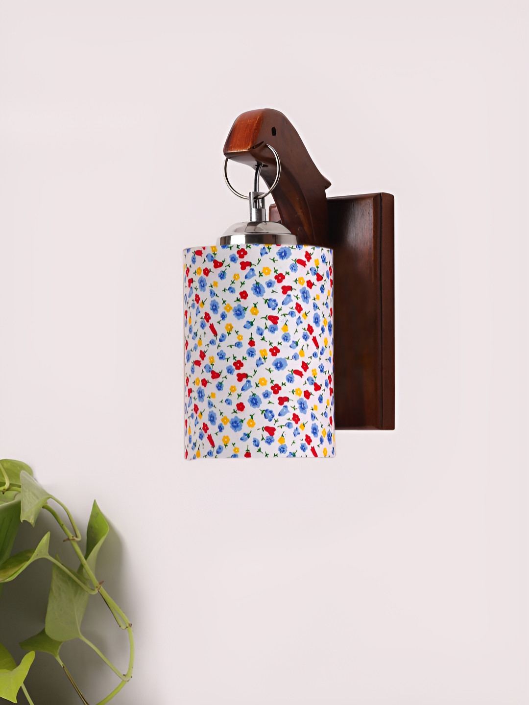 Devansh Brown & White Floral Printed Wooden Cylinder Shaped Wall Lamp With Cotton Shade