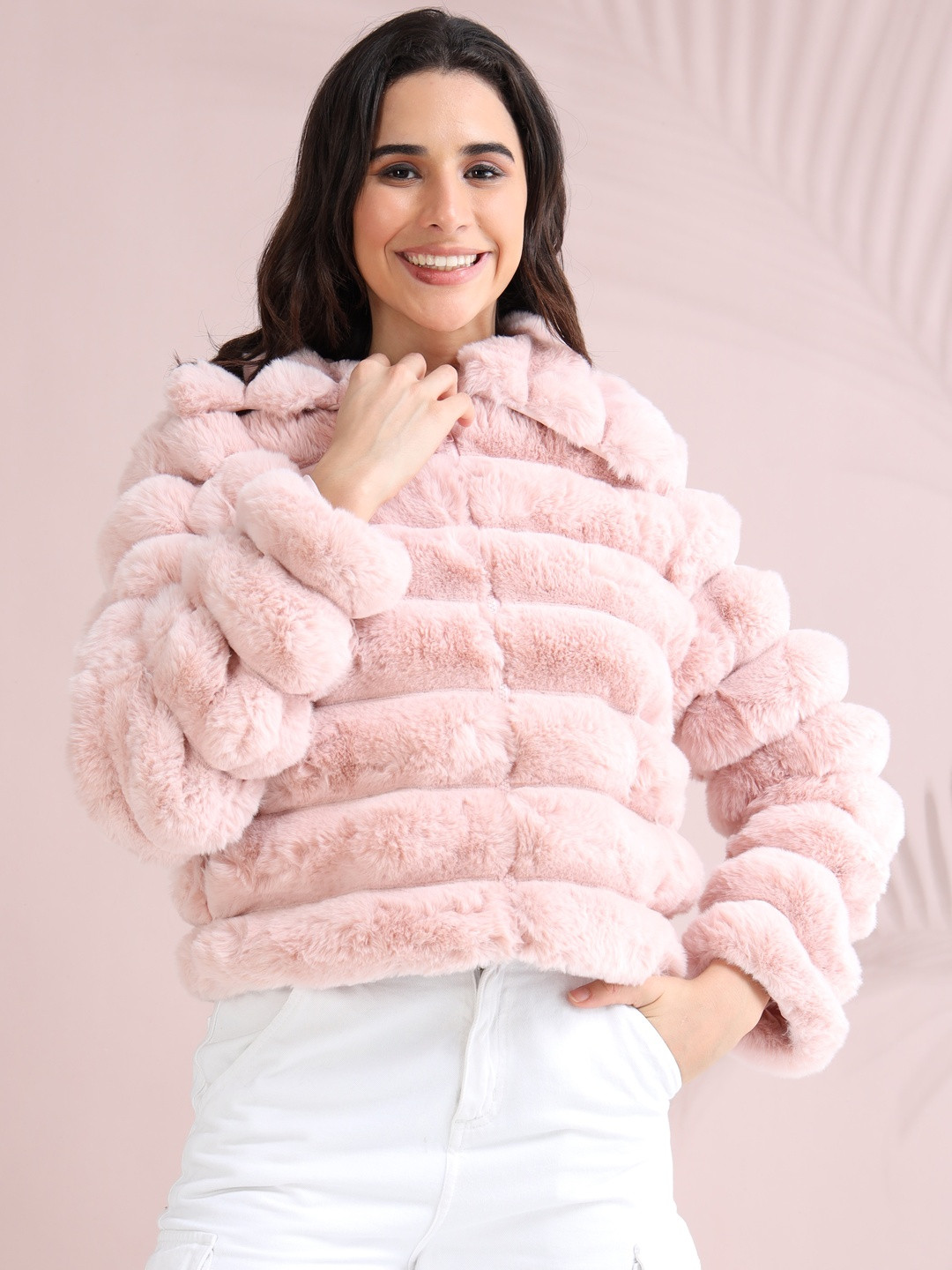 ALLWIN PAUL Women Pink Faux Fur Spread Collar Crop Jacket