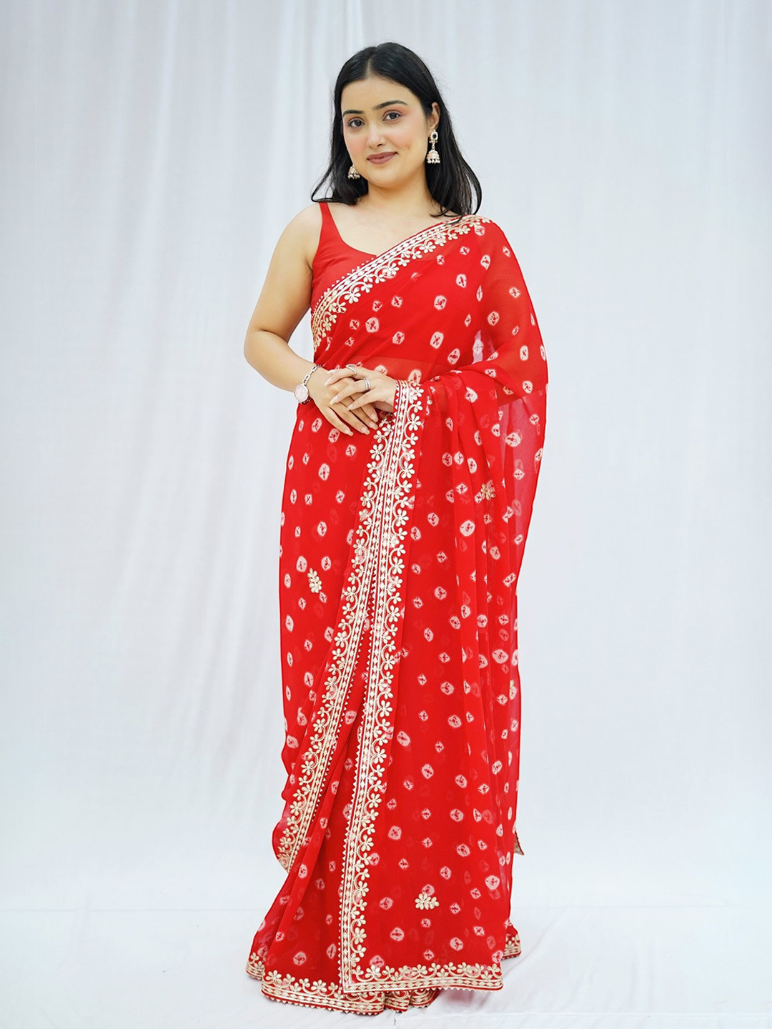 D tales Printed Beads and Stones Pure Georgette Bandhani Saree