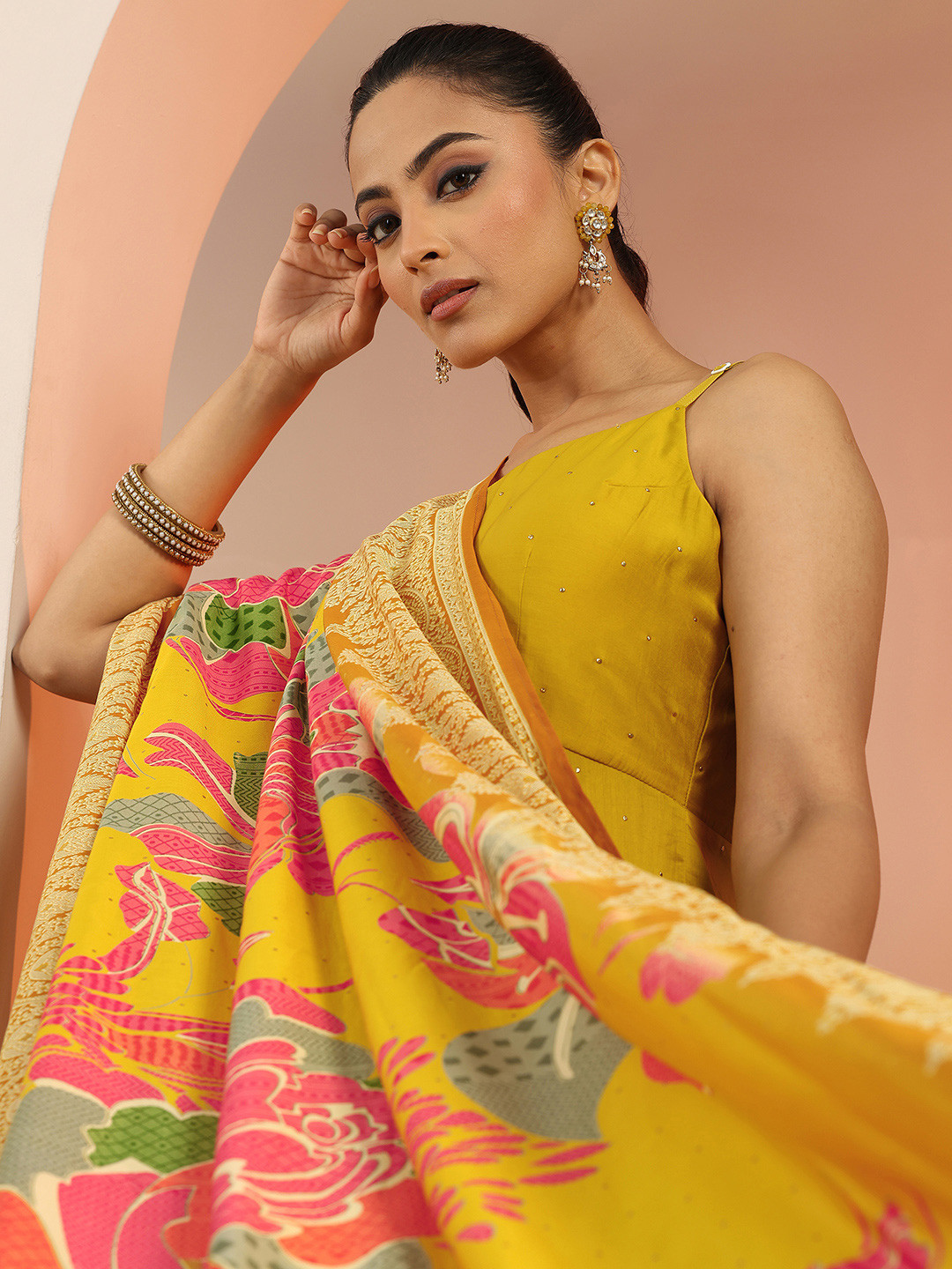 Libas Womens Mustard Embellished Anarkali Kurta With Trousers & Dupatta