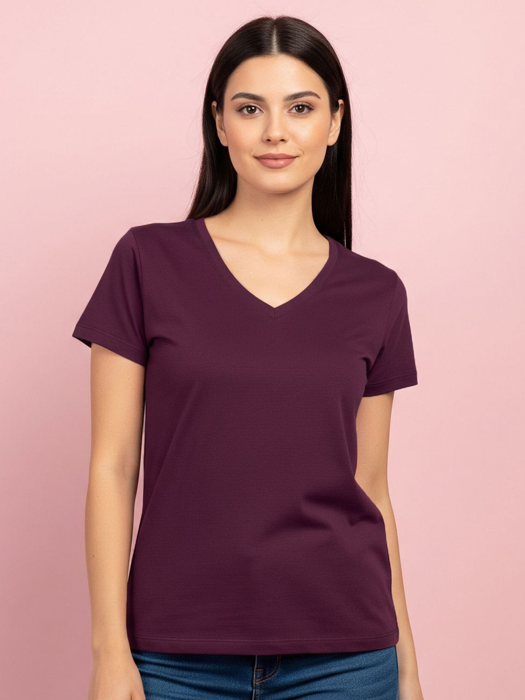 JUNEBERRY Women Solid Wine V-Neck Pure Cotton Regular Fit T-shirt