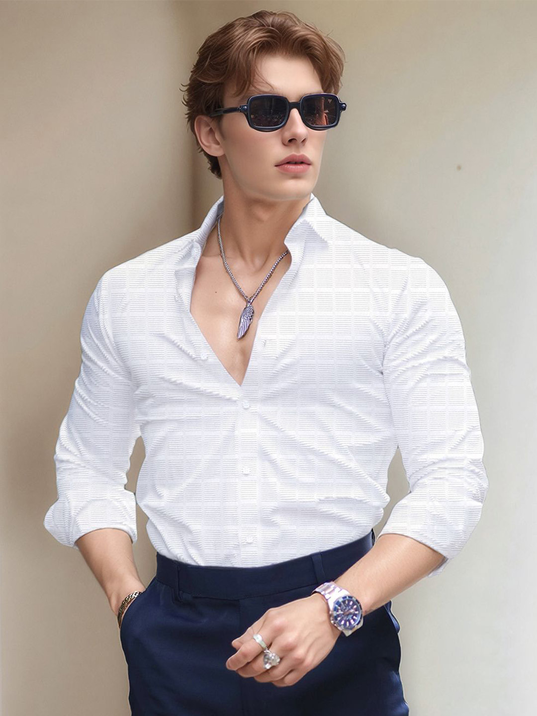 SAMRIZ Men Slim Fit Textured Spread Collar Casual Shirt