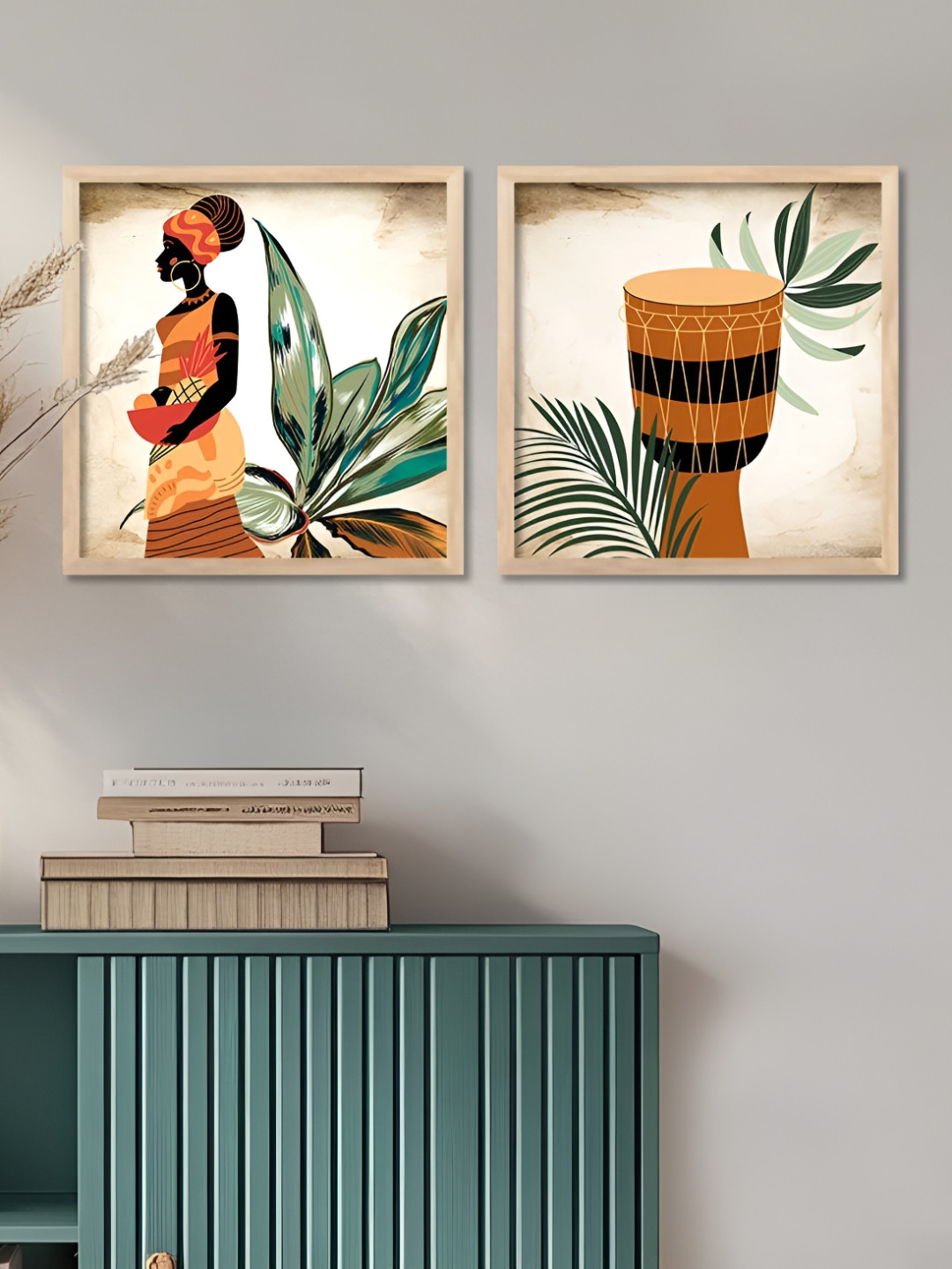 Kotart Beige & Brown 2 Pieces Floral & Botanical Square Boho Wooden Wall Arts